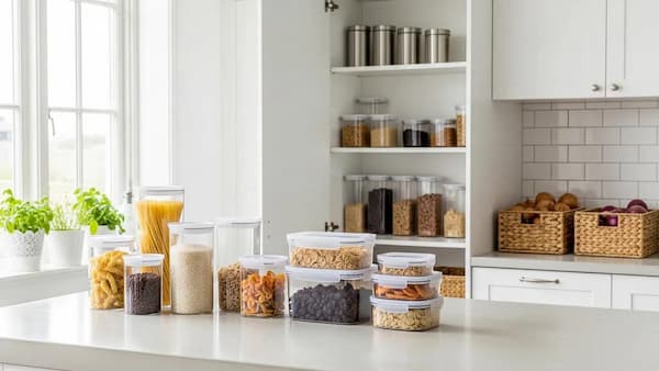 Kitchen pantry shelf with glass and metal storage containers filled with pasta and grains, plus woven baskets on the counter.