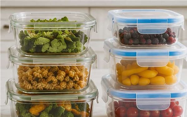 Glass food storage containers filled with vegetables, pasta, and fruit on a kitchen counter
