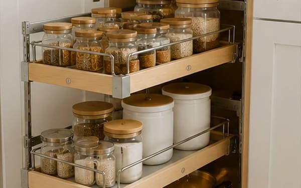 Pull-out cabinet organizer with stacked jars and pots inside a kitchen cabinet