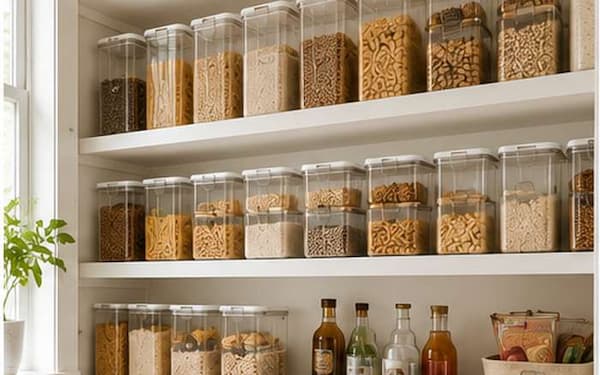 Pantry shelves with clear storage containers filled with pasta and grains, plus bottled oils on a lower shelf