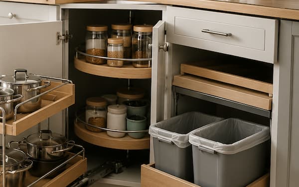 Pull-out cabinet organizer with pots and a lazy Susan spice rack inside a kitchen cabinet