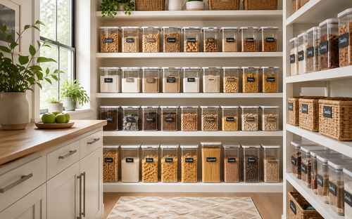 Pantry shelves with clear storage containers holding cereal, pasta, grains, and snacks, with woven baskets on the side