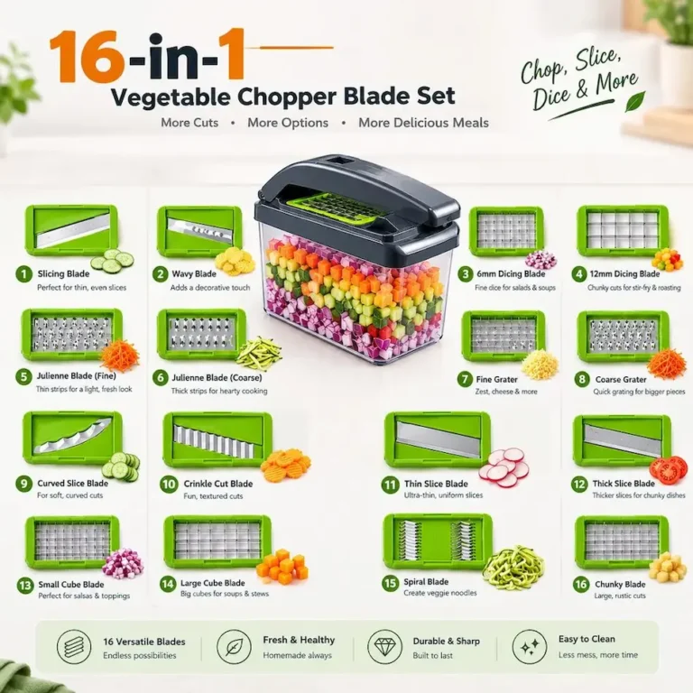 16-in-1 vegetable chopper blade set showing dicing, slicing, julienne, and grater blade attachments