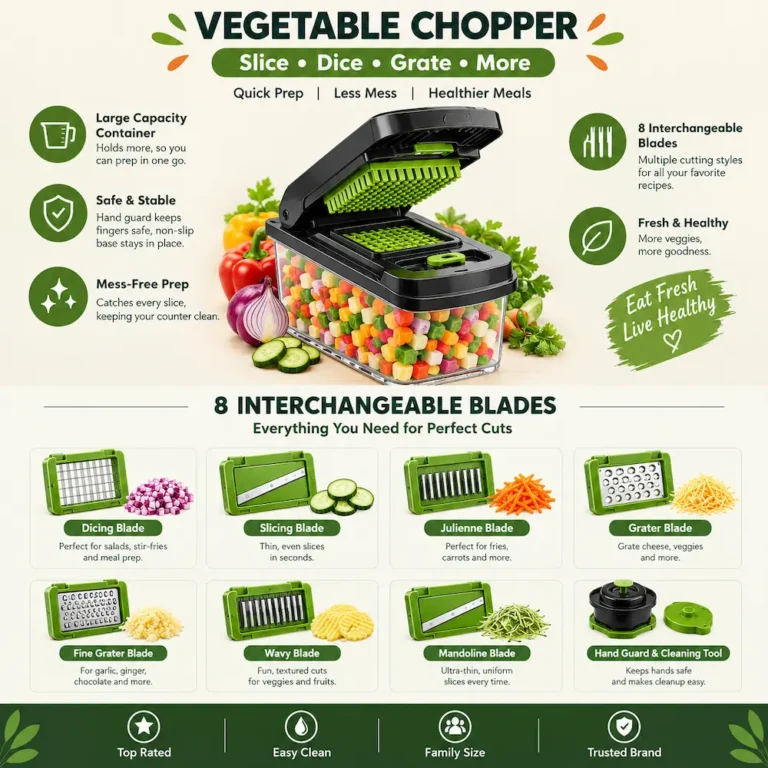 Fullstar Original Pro Chopper features showing dicing, slicing, julienne, and grater blades with large capacity container