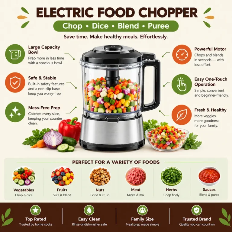 Electric food chopper with powerful motor, one-touch operation, used for chopping, blending and pureeing vegetables, fruits and meat