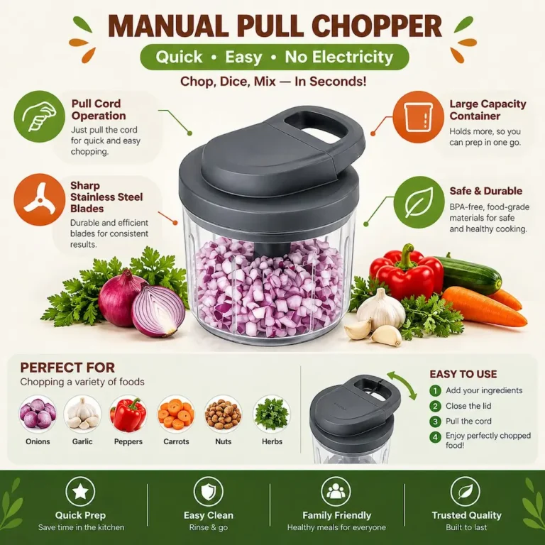 Manual pull-cord vegetable chopper with serrated stainless steel blades and non-slip base